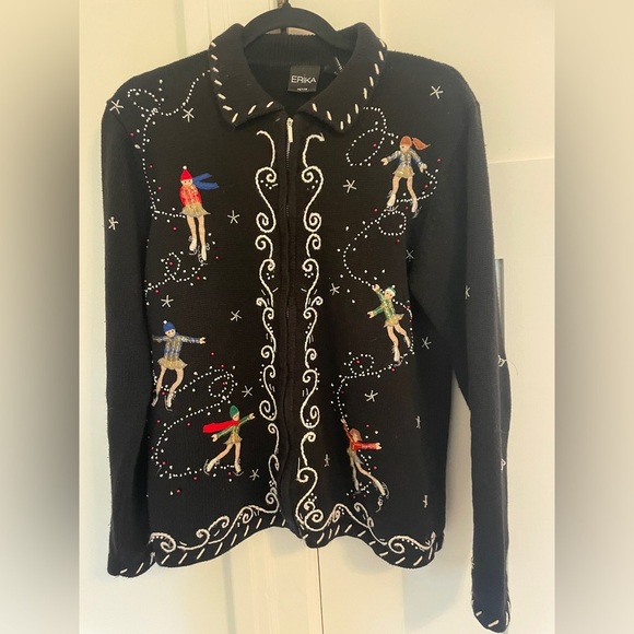Vintage Sweaters - Vintage Full Zip Figure Skating Embroidery Knit Beaded Whimsical Collar Jacket